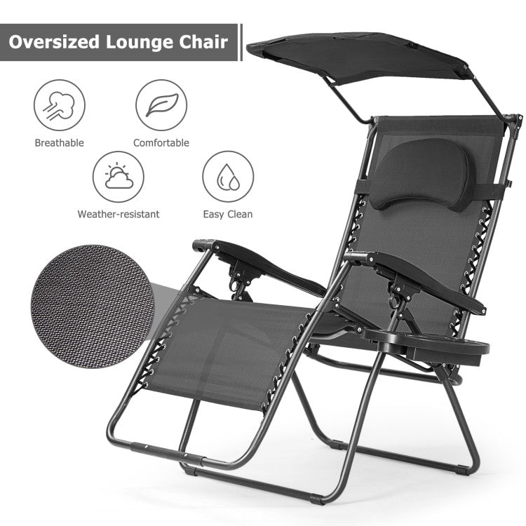 Folding Recliner Lounge Chair with Canopy and Cup Holder for Beach