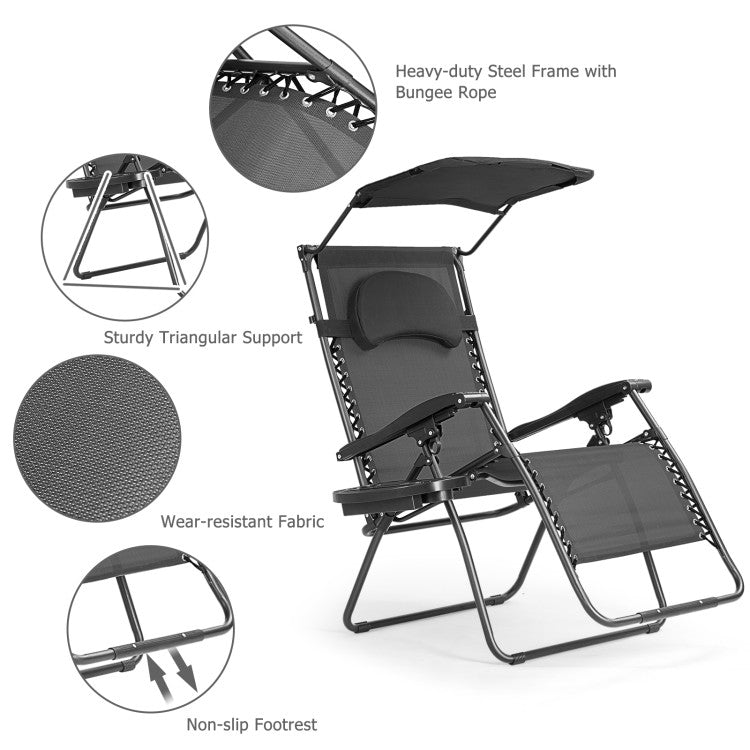 Folding Recliner Lounge Chair with Canopy and Cup Holder for Beach