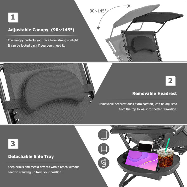 Folding Recliner Lounge Chair with Canopy and Cup Holder for Beach