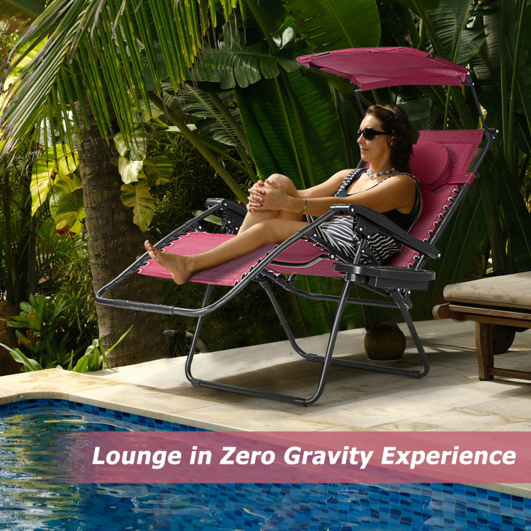 Folding Recliner Lounge Chair with Canopy and Cup Holder for Beach