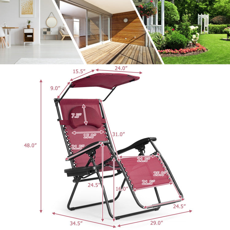 Folding Recliner Lounge Chair with Canopy and Cup Holder for Beach