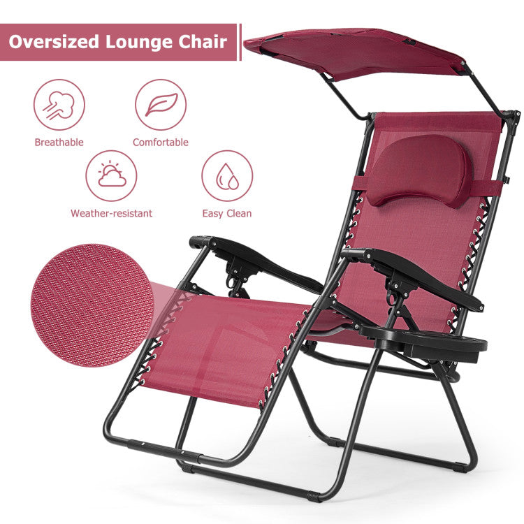 Folding Recliner Lounge Chair with Canopy and Cup Holder for Beach