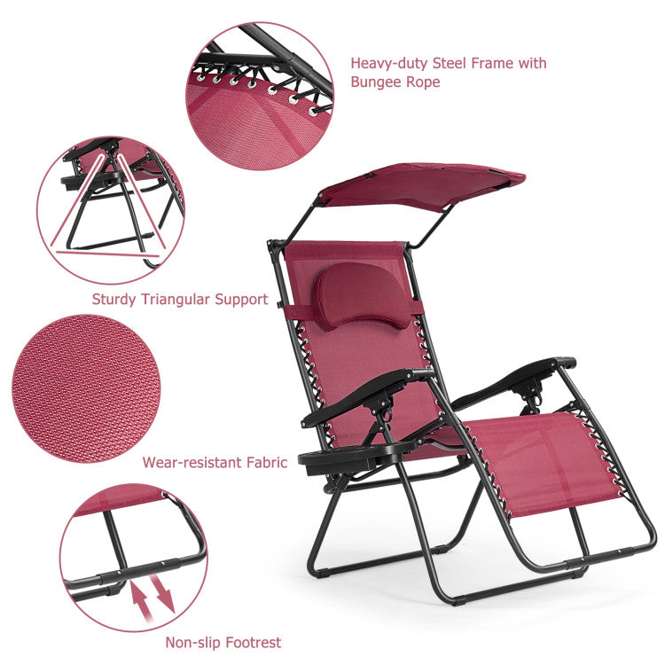 Folding Recliner Lounge Chair with Canopy and Cup Holder for Beach