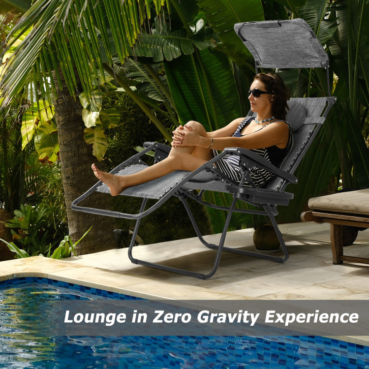 Folding Recliner Lounge Chair with Canopy and Cup Holder for Beach