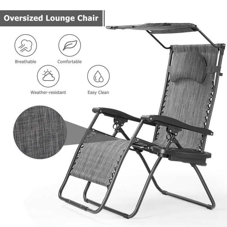 Folding Recliner Lounge Chair with Canopy and Cup Holder for Beach