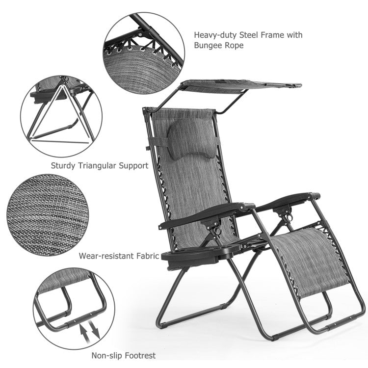 Folding Recliner Lounge Chair with Canopy and Cup Holder for Beach