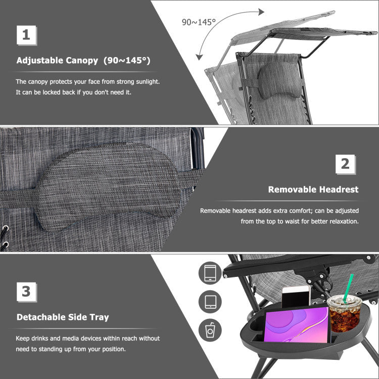 Folding Recliner Lounge Chair with Canopy and Cup Holder for Beach