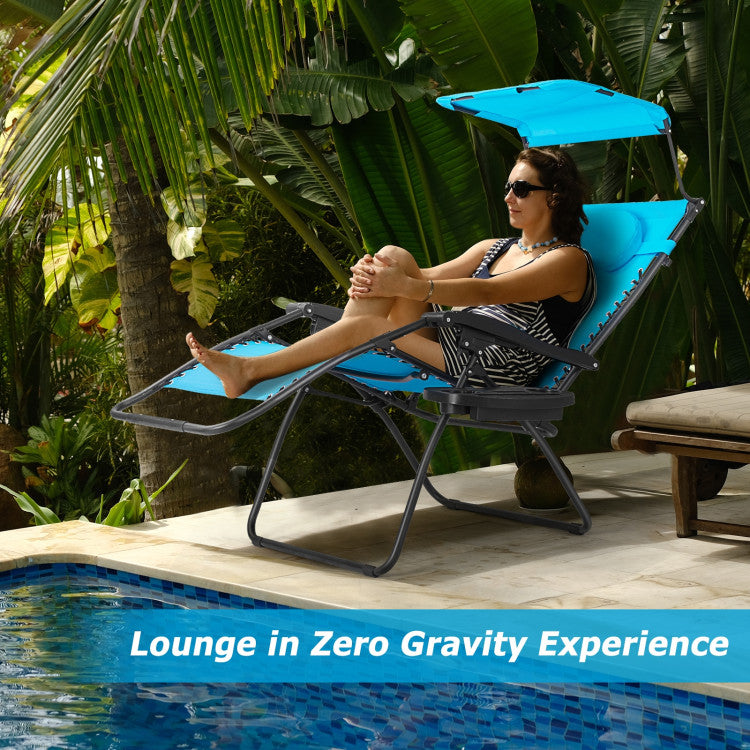 Folding Recliner Lounge Chair with Canopy and Cup Holder for Beach