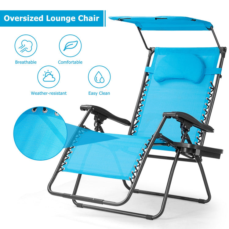 Folding Recliner Lounge Chair with Canopy and Cup Holder for Beach