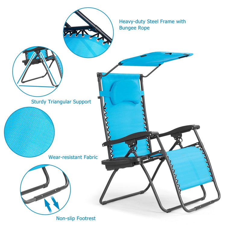 Folding Recliner Lounge Chair with Canopy and Cup Holder for Beach