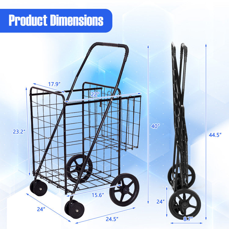 Folding Shopping Cart with Swiveling Wheels and Storage Baskets