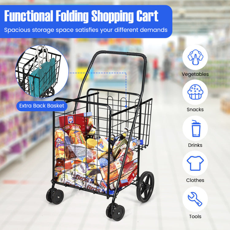 Folding Shopping Cart with Swiveling Wheels and Storage Baskets