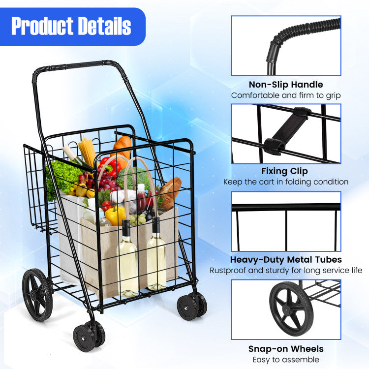 Folding Shopping Cart with Swiveling Wheels and Storage Baskets