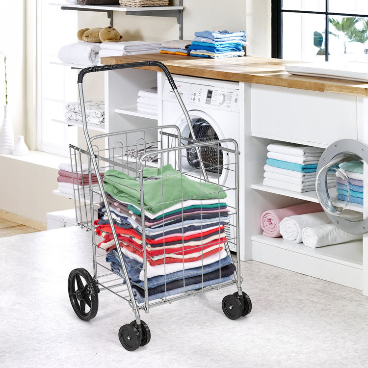 Folding Shopping Cart with Swiveling Wheels and Storage Baskets