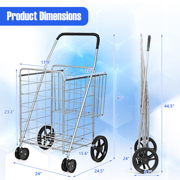 Folding Shopping Cart with Swiveling Wheels and Storage Baskets