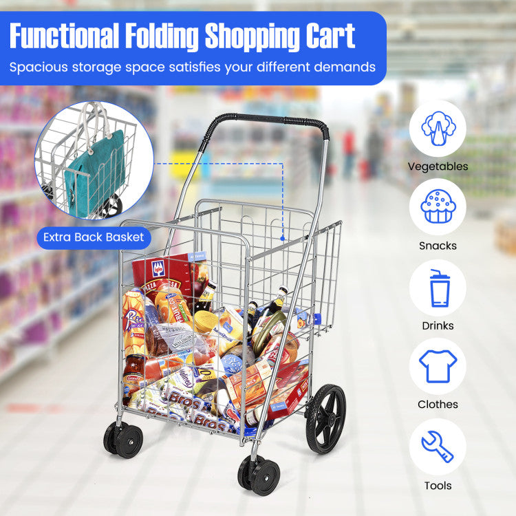 Folding Shopping Cart with Swiveling Wheels and Storage Baskets