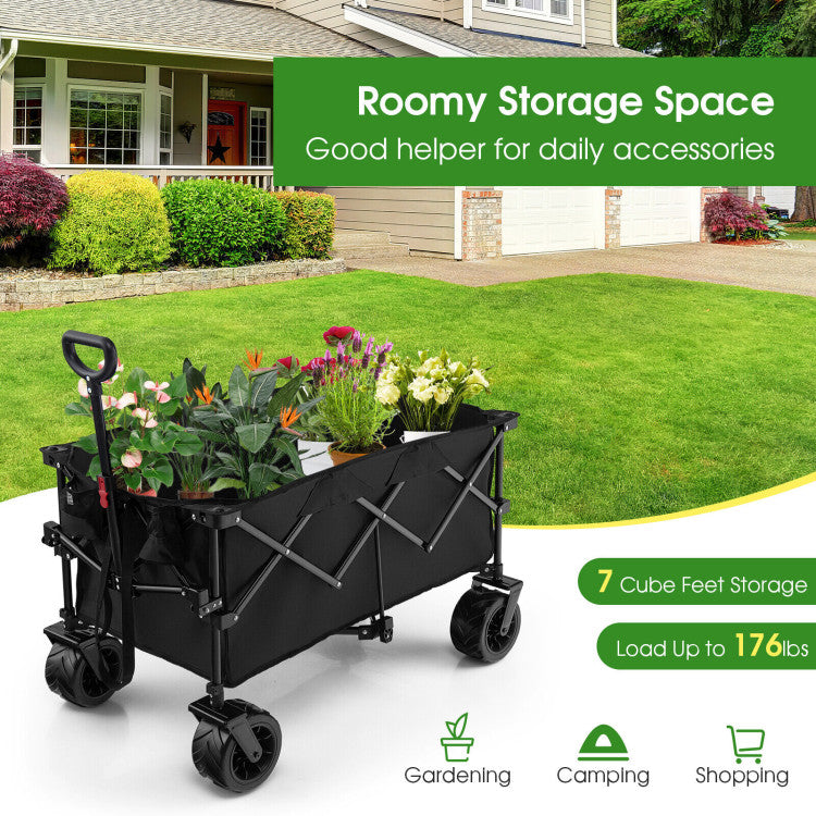 Folding Utility Garden Cart with Cup Holders and Adjustable Handle for Camping and Shopping