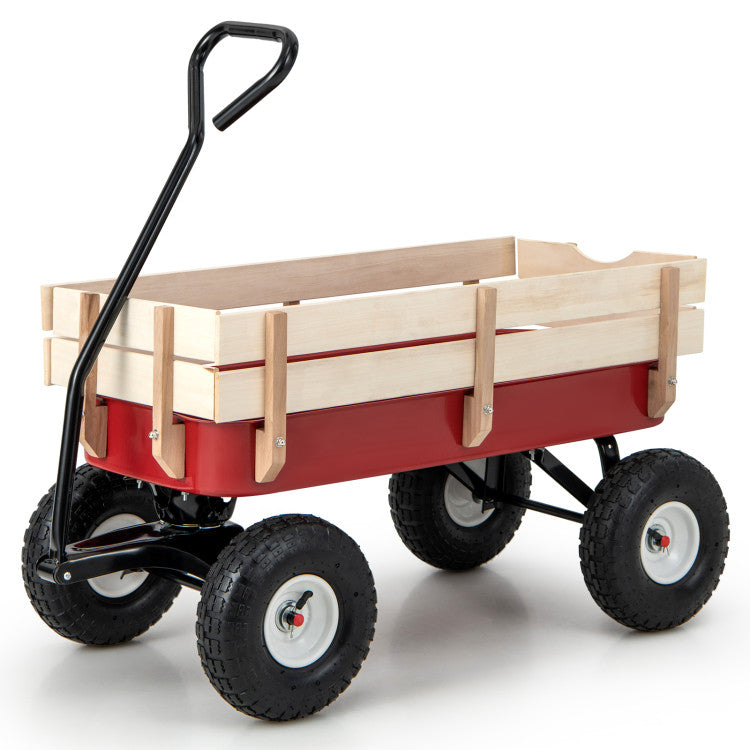Garden Cart with Wood Railing and Pneumatic Wheels for Farm, Camping and Picnics
