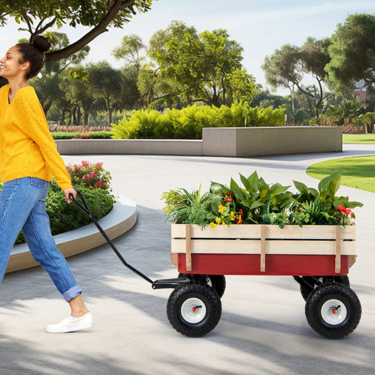 Garden Cart with Wood Railing and Pneumatic Wheels for Farm, Camping and Picnics