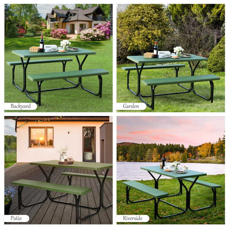 HDPE Outdoor Picnic Table Bench Set with Metal Base for Camping