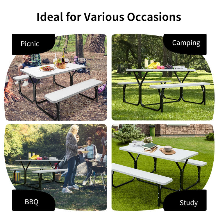 HDPE Outdoor Picnic Table Bench Set with Metal Base for Camping