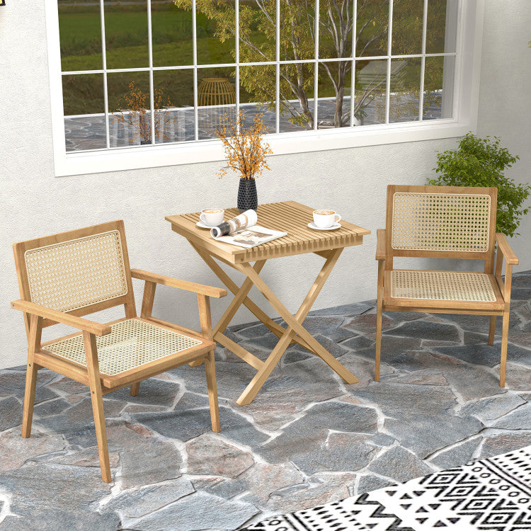 Indonesia Teak Wood Chair with Natural Rattan Seat for Outdoor Backyard Porch Balcony