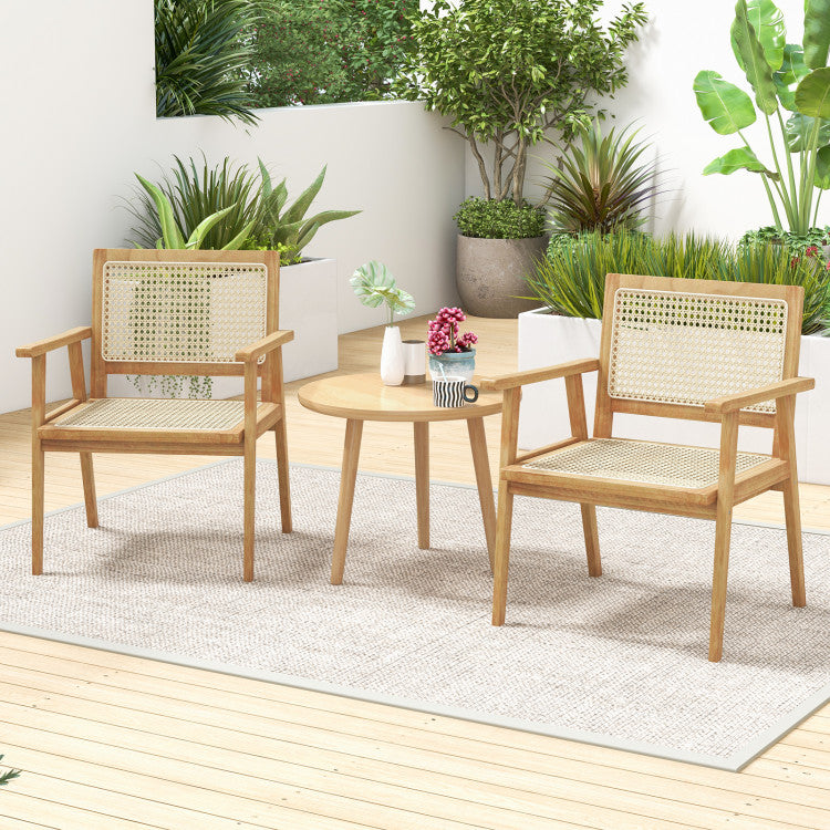 Indonesia Teak Wood Chair with Natural Rattan Seat for Outdoor Backyard Porch Balcony