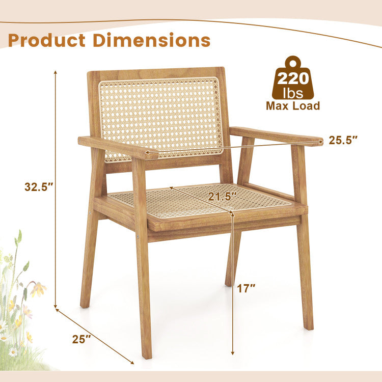 Indonesia Teak Wood Chair with Natural Rattan Seat for Outdoor Backyard Porch Balcony