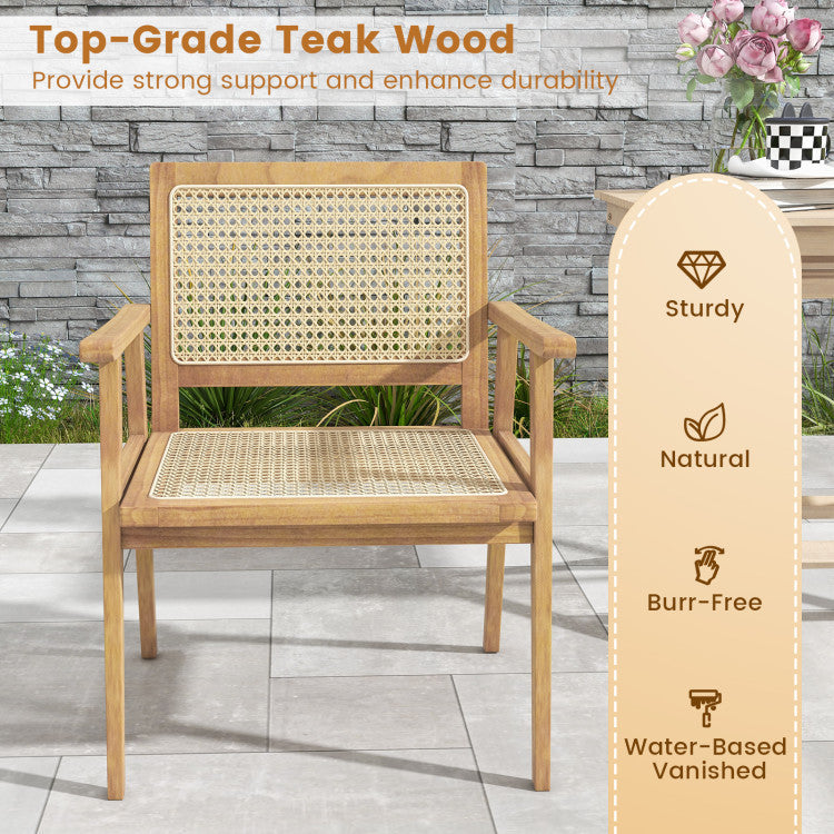 Indonesia Teak Wood Chair with Natural Rattan Seat for Outdoor Backyard Porch Balcony