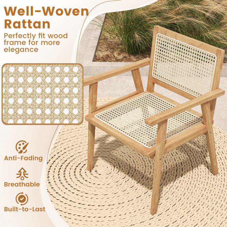 Indonesia Teak Wood Chair with Natural Rattan Seat for Outdoor Backyard Porch Balcony