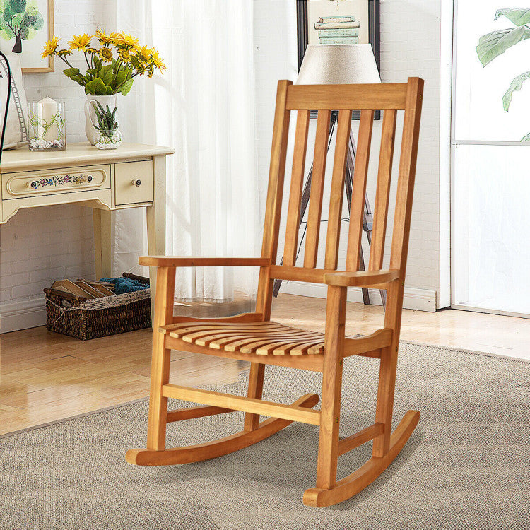 Indoor Outdoor Wooden High Back Rocking Chair for Garden, Patio, Balcony