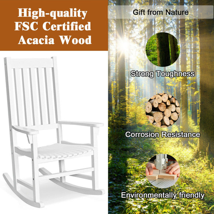 Indoor Outdoor Wooden High Back Rocking Chair for Garden, Patio, Balcony