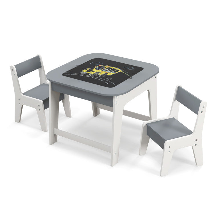 Kid's Studying Writing Table and Chairs Set with Double-sized Tabletop and Storage Space