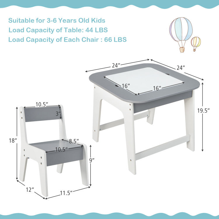 Kid's Studying Writing Table and Chairs Set with Double-sized Tabletop and Storage Space