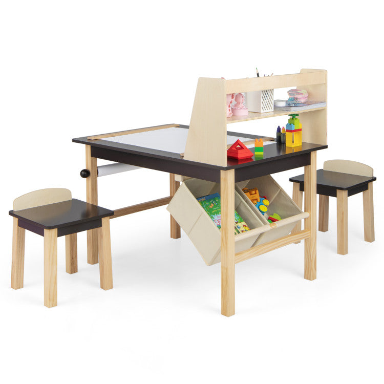 Kids Art Table and Chairs Set with Paper Roll and Storage Bins