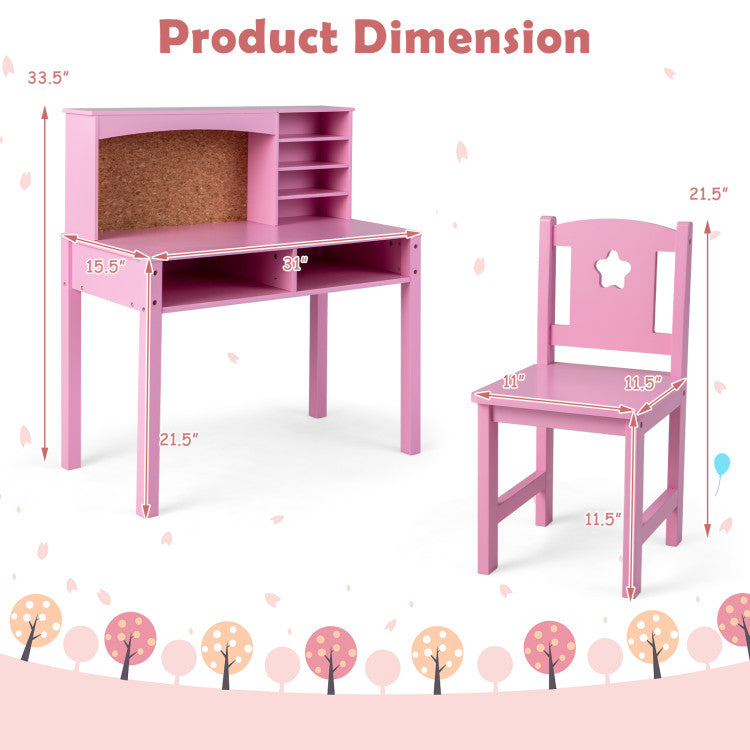 Kids Desk and Chair Set with Storage Shelves and Bulletin Board for 3+ Kids