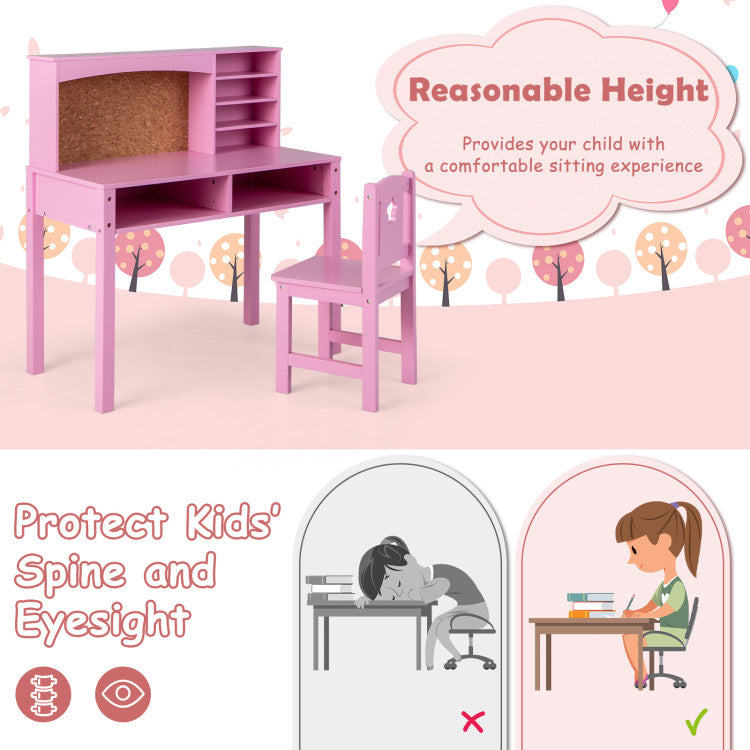 Kids Desk and Chair Set with Storage Shelves and Bulletin Board for 3+ Kids