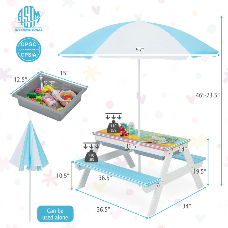 Kids Outdoor Picnic Water Sand Table Bench Set with Umbrella and Play Boxes