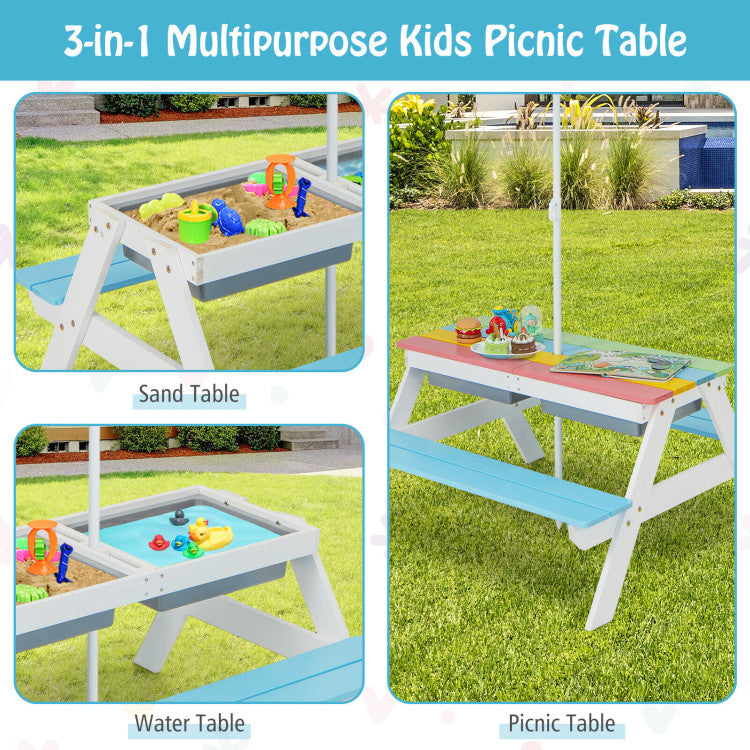 Kids Outdoor Picnic Water Sand Table Bench Set with Umbrella and Play Boxes