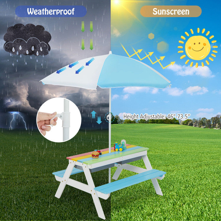 Kids Outdoor Picnic Water Sand Table Bench Set with Umbrella and Play Boxes