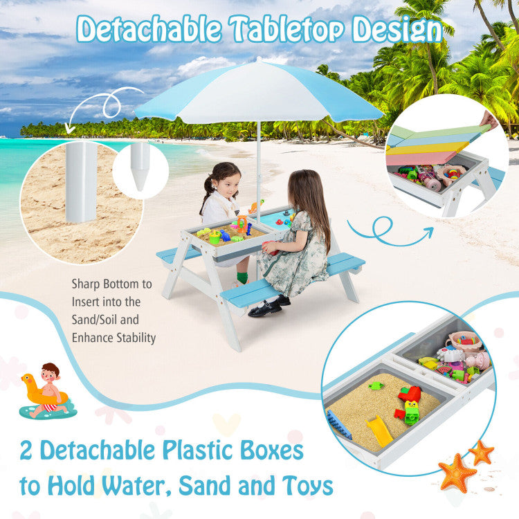 Kids Outdoor Picnic Water Sand Table Bench Set with Umbrella and Play Boxes