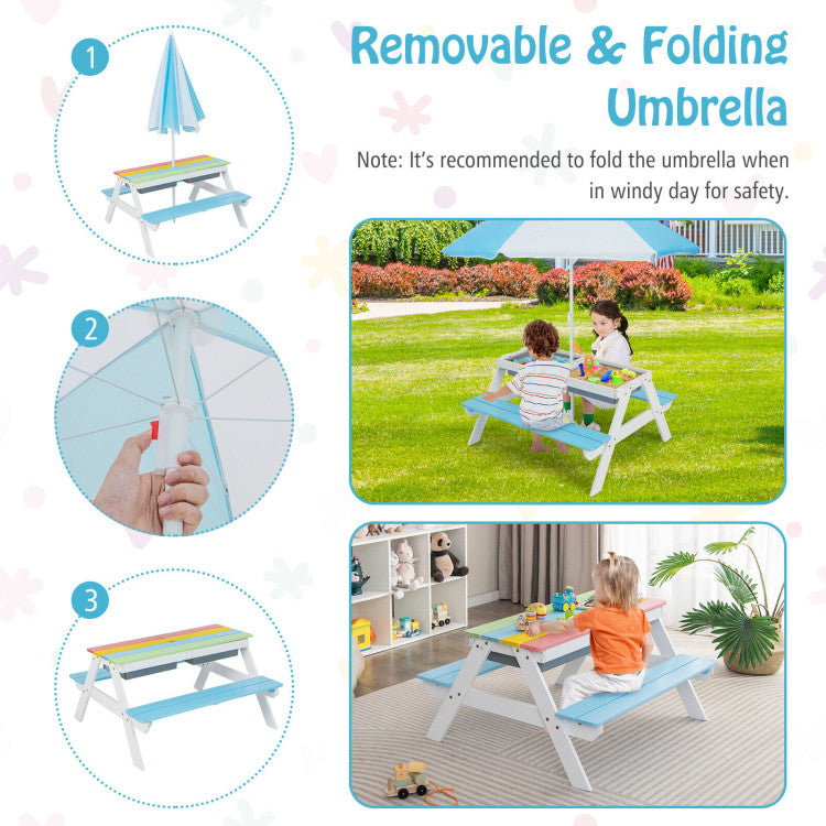 Kids Outdoor Picnic Water Sand Table Bench Set with Umbrella and Play Boxes