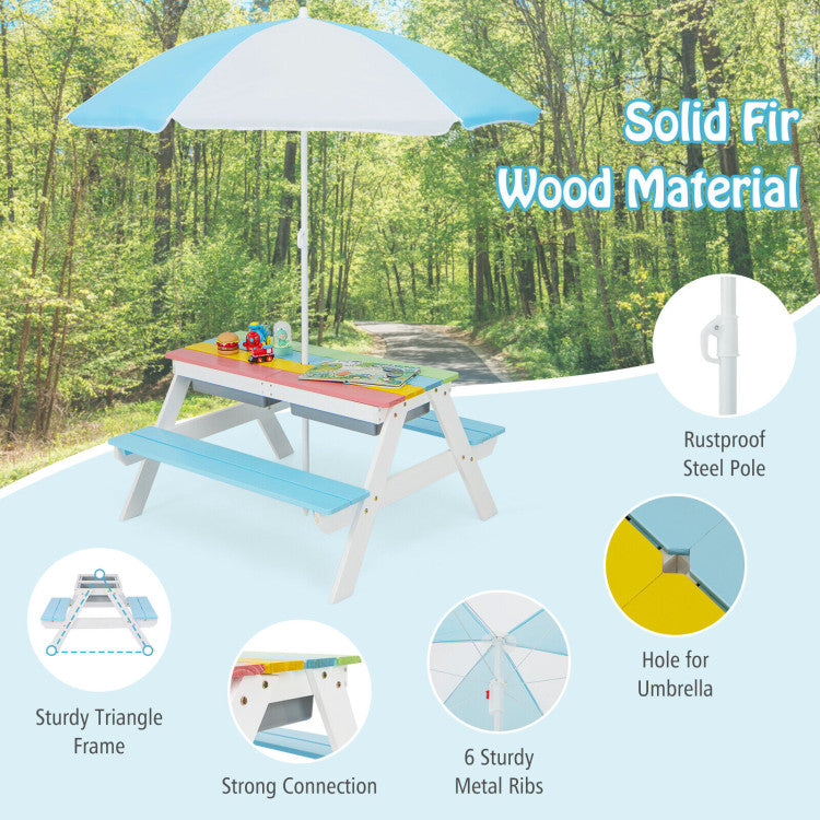 Kids Outdoor Picnic Water Sand Table Bench Set with Umbrella and Play Boxes