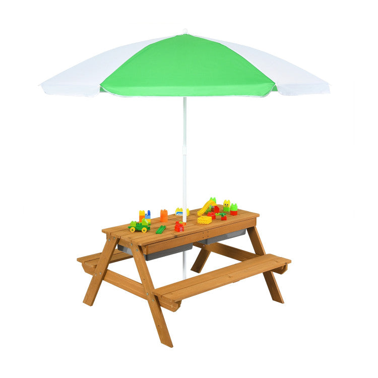 Kids Outdoor Picnic Water Sand Table Bench Set with Umbrella and Play Boxes