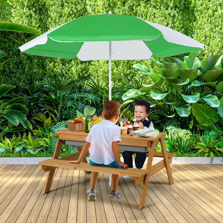 Kids Outdoor Picnic Water Sand Table Bench Set with Umbrella and Play Boxes