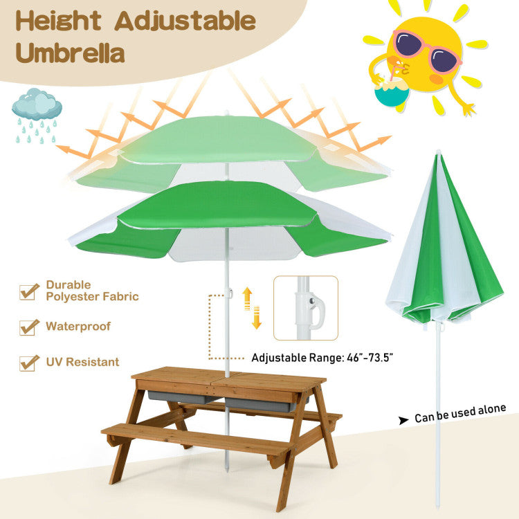 Kids Outdoor Picnic Water Sand Table Bench Set with Umbrella and Play Boxes