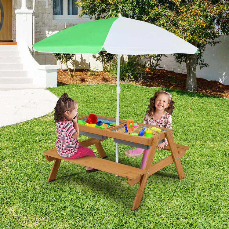 Kids Outdoor Picnic Water Sand Table Bench Set with Umbrella and Play Boxes