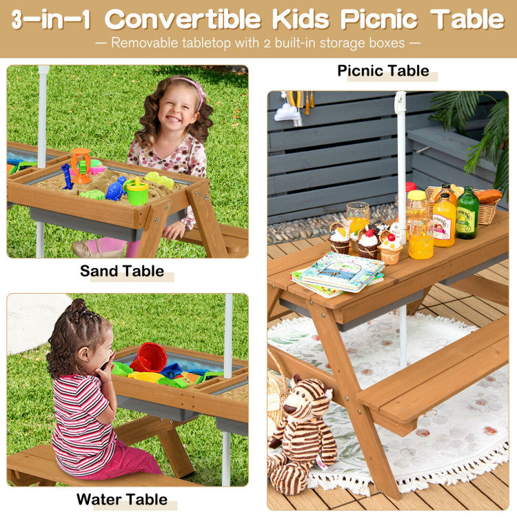 Kids Outdoor Picnic Water Sand Table Bench Set with Umbrella and Play Boxes