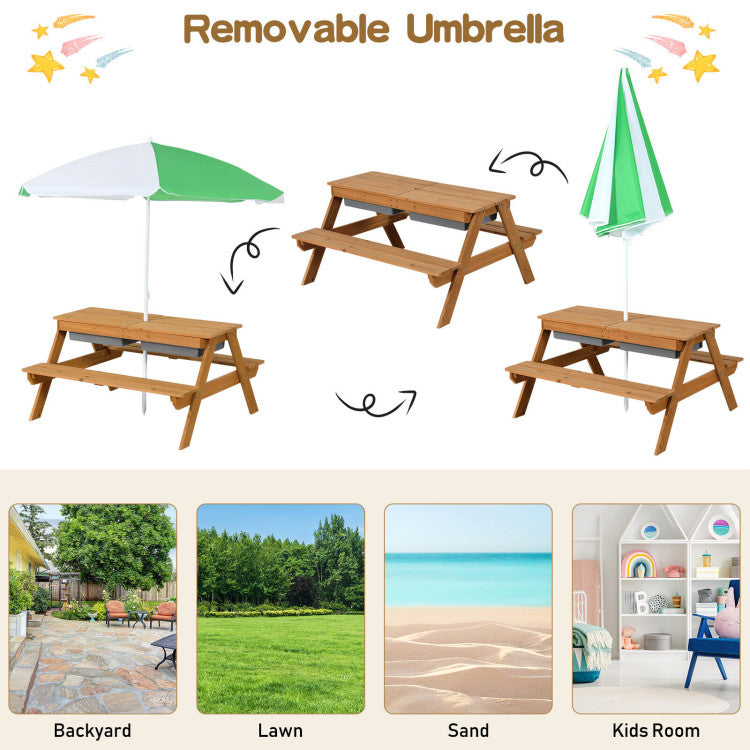 Kids Outdoor Picnic Water Sand Table Bench Set with Umbrella and Play Boxes