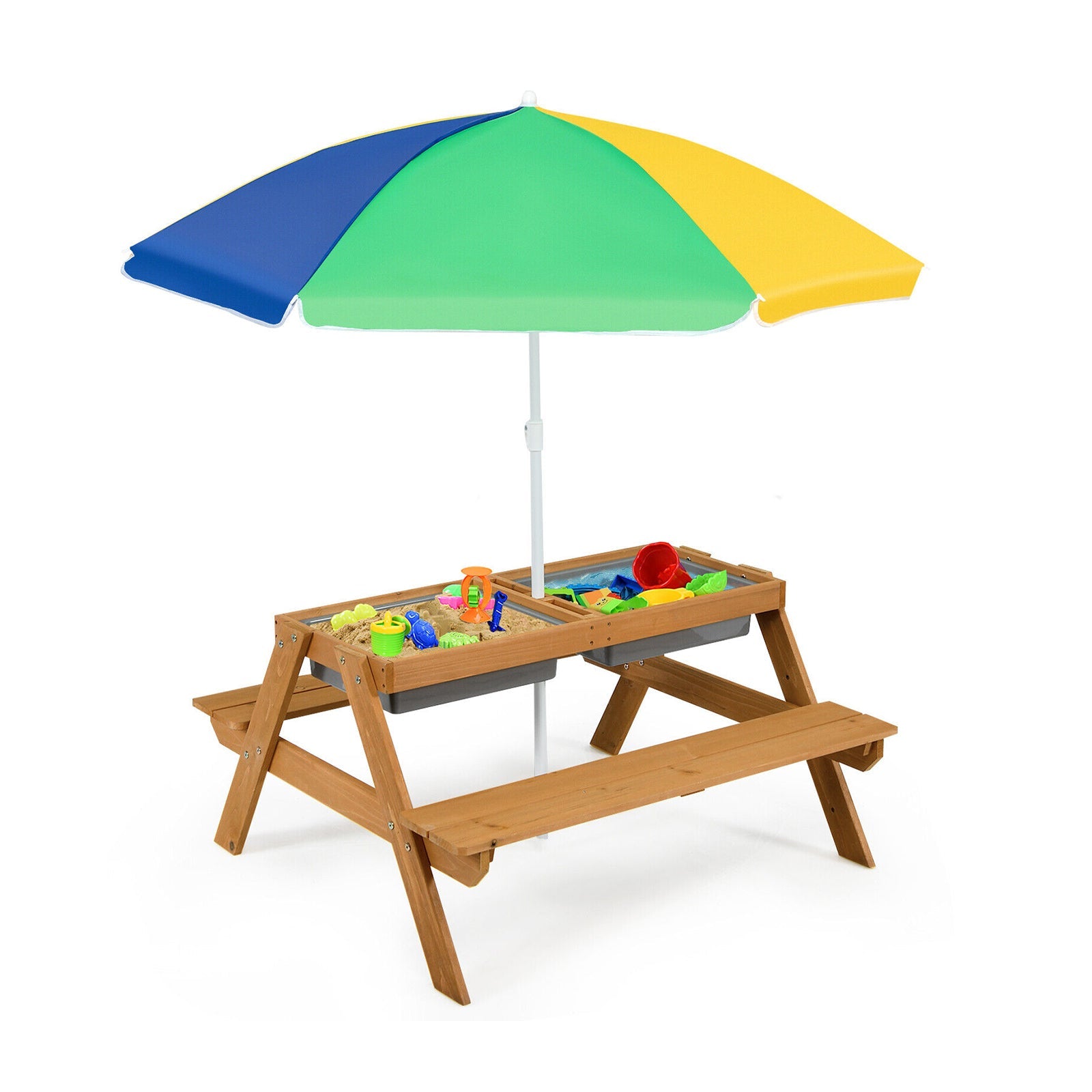 Kids Outdoor Picnic Water Sand Table Bench Set with Umbrella and Play Boxes